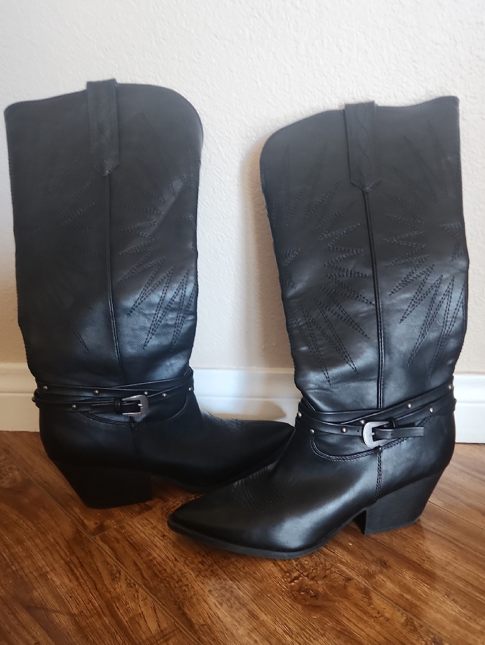 Indigo Black Western Mid-Calf Heeled Boots